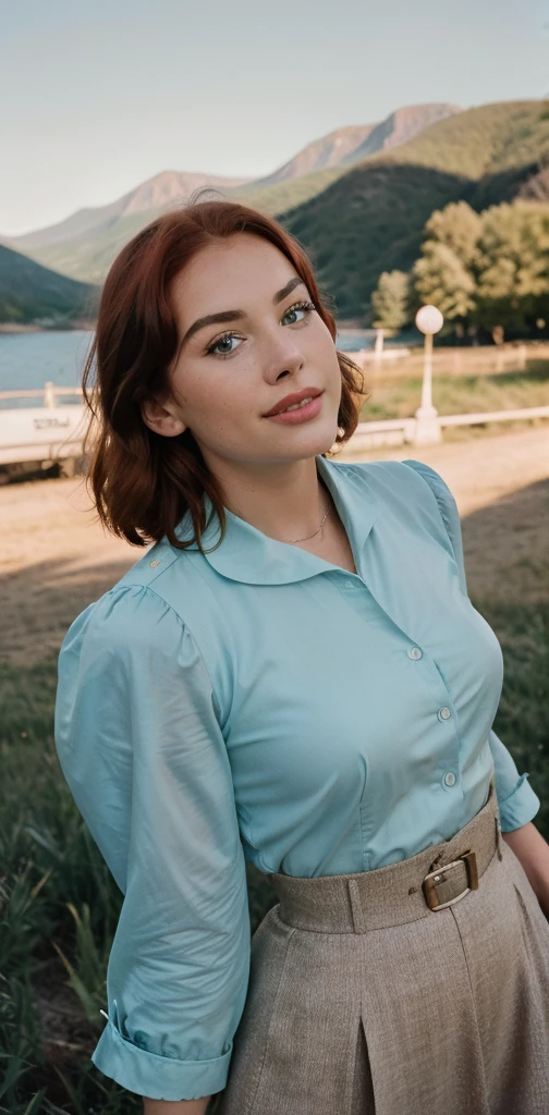 1 woman ((upper body selfie, Happy)), with Heterochromia (One Blue and One Green Eye) ((18 Years)), ((Extremely Intense and Detailed Skin)), 16K, masterpiece, best quality, ultra-detailed, 1960s Era Landscape, Authentic Vintage Attire, ((intricate Detailed Reddish Hair)), Nostalgic Expression, Period-appropriate Atmosphere, Vintage Selfie Moment, Charming Smiles, Iconic Surroundings, Retro Aesthetic, Timeless Beauty, Authentic Representation of the 1960s, Stylish Outfit, Time-Tested Clothing, Vintage Charm, Era-specific Cultural Elements, Captivating Scenery, Vintage Lighting, Crisp Details, Realistic Textures, Meticulous Historical Accuracy, Subtle Color Grading, Artistic Excellence, Nostalgic Beautyshadows, contrast, clear sky, style, (warm hue, warm tone:1.2), cinematic light, sidelighting, ultra high resolution, best shadow, RAW,Iphone 15 ,upper, corps, contraste, effet de lumiere quelque petit bouton leger