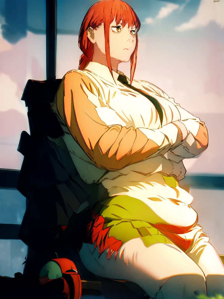 Le personnage Makima de la série animée Chainsaw Man, fragile, obésité morbide, ssbbw, pleine longueur (corps entier 1.1.), fond sombre, obscurité, anatomie correcte 1.1, anatomie correcte de la main, Très féminin, corps gras et rond, grosses Jambes, fesses, beau corps obèse, ventre rond et mou très gras, cheveux roux, Yeux oranges, Cercles rouges pour les écoliers, chemise blanche, jupe noire, cravate noire, pose sexy, réaliste, very détaillé, beau corps, détaillé body, détaillé hands, détaillé, vibrant, détaillé Face, Conception des personnages de Makima. very détaillé, détaillé body, détaillé hands, détaillé Face, Art animé, Hugh Détails, Visage très abattu, détaillé eyes, Illustration ultra fine, Meilleure ombre, détail fin, beautiful détaillé glow, beautiful détaillé, Extraordinairement beau, extremely détaillé, inexpressif, composition épique, Style animé. art animé, Style animé. Jupe noire, chemise blanche, cravatte, pose sexy