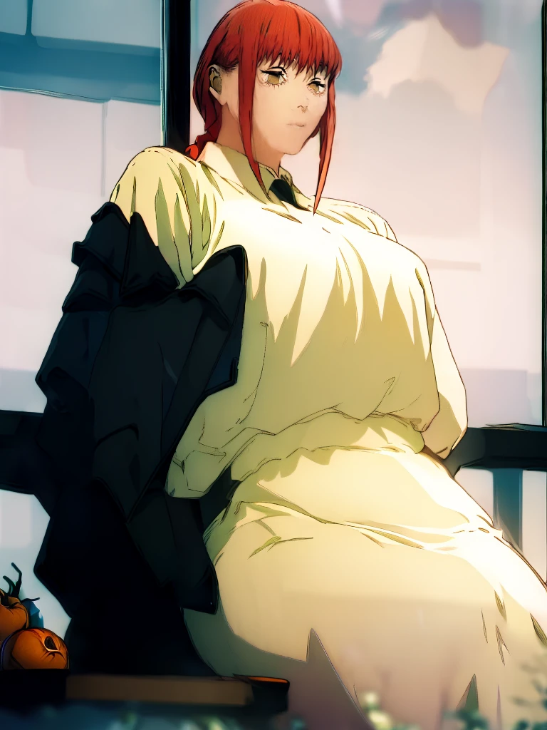 Le personnage Makima de la série animée Chainsaw Man, fragile, obésité morbide, ssbbw, pleine longueur (corps entier 1.1.), fond sombre, obscurité, anatomie correcte 1.1, anatomie correcte de la main, Très féminin, corps gras et rond, grosses Jambes, fesses, beau corps obèse, ventre rond et mou très gras, cheveux roux, Yeux oranges, Cercles rouges pour les écoliers, chemise blanche, jupe noire, cravate noire, pose sexy, réaliste, very détaillé, beau corps, détaillé body, détaillé hands, détaillé, vibrant, détaillé Face, Conception des personnages de Makima. very détaillé, détaillé body, détaillé hands, détaillé Face, Art animé, Hugh Détails, Visage très abattu, détaillé eyes, Illustration ultra fine, Meilleure ombre, détail fin, beautiful détaillé glow, beautiful détaillé, Extraordinairement beau, extremely détaillé, inexpressif, composition épique, Style animé. art animé, Style animé. Jupe noire, chemise blanche, cravatte, pose sexy