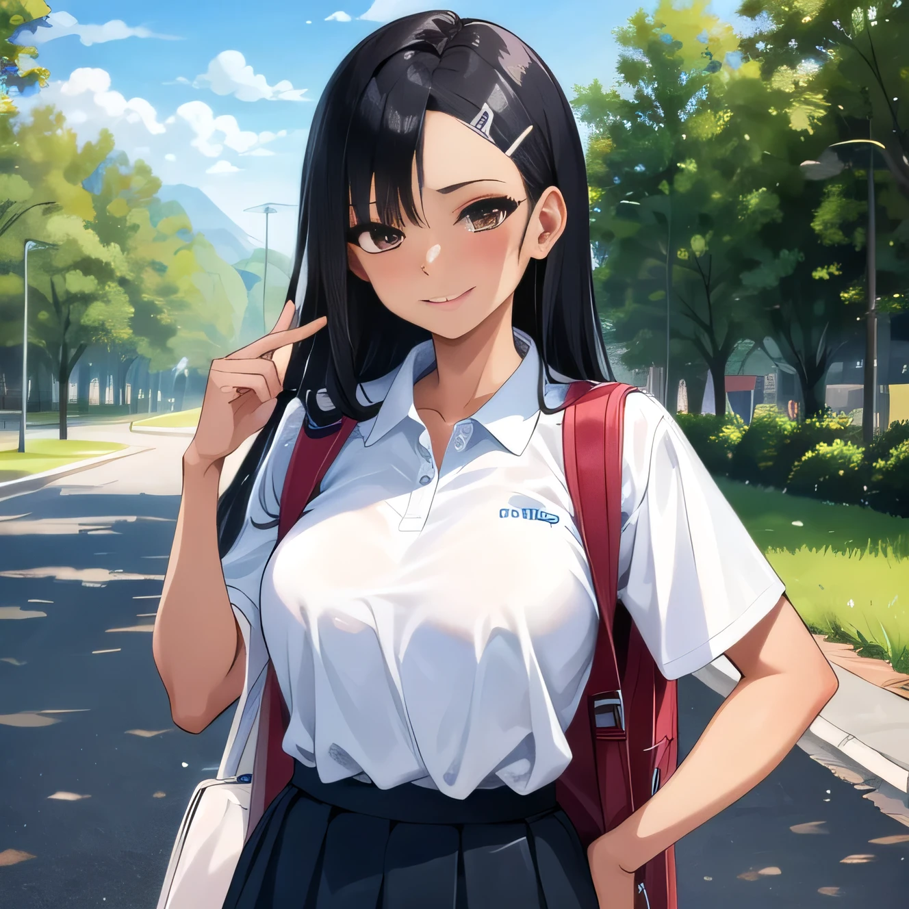 ((best quality)), ((masterpiece)), (details), one girl, sexy ((best quality)), ((masterpiece)), (details), one girl, sexy ((best quality)), ((masterpiece)), (details), one girl, full body, sexy expensive body, expensive, long legs, mature woman, mature, adult, it_nagatoro_main, Nagatoro Hayase, one girl, blushing, alone, uniform polo shirt, black hair, bag, brown eyes, hair accessory, looking at viewer, hair clip, outdoors, backpack, smiling, long hair, dark skinned woman, dark skin, , bangs, daytime, skirt, collared shirt, collarbone, ear clip, mouth closed, tree, asymmetrical bangs, upper body
