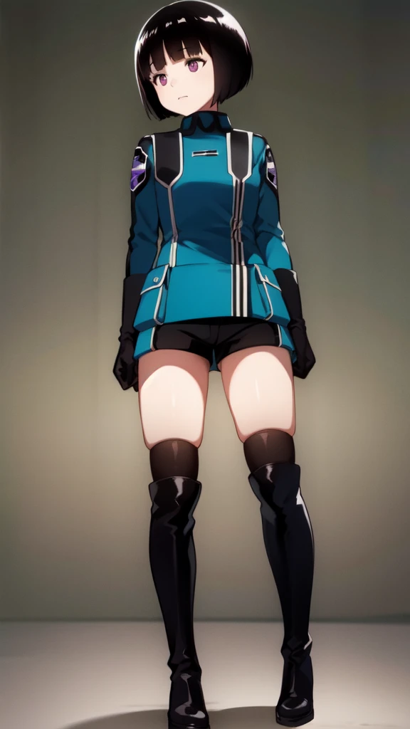 One Girl, alone, amateur_chika, short hair, Black Hair, Blunt bangs, Bobcut, Ahoge, Purple eyes, Long sleeve, Blue jacket, uniform, Black Shirt, turtleneck, Symbolism, Short black shorts, Black boots, carry a long rifle, Cowboy Shot、Thighs、Black thigh-high boots、（（（Black high heels）））whole body, face, high quality, masterpiece, 超High resolution, high quality, Attention to detail, 最high quality, High resolution