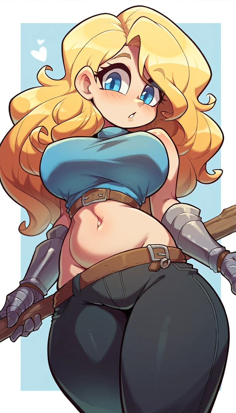 A tall girl medieval knight Sexy big breast cute knight long straight curly yellow hair her blue eye she wears blue sleeveless top shows navel and a long metallic black pants big thigh sexy brown boot 