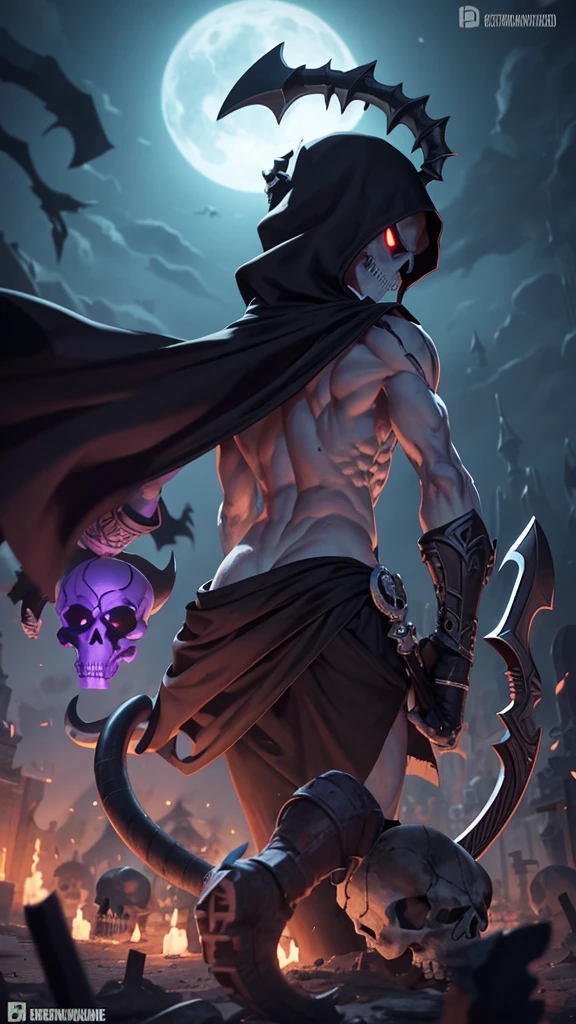 skullish, horn curved towards the back of the head, No eyes, black cloack, skeletor, apavorante, The background is a cemetery, com corpo inteiro de skeletor, serious face with a bone cane