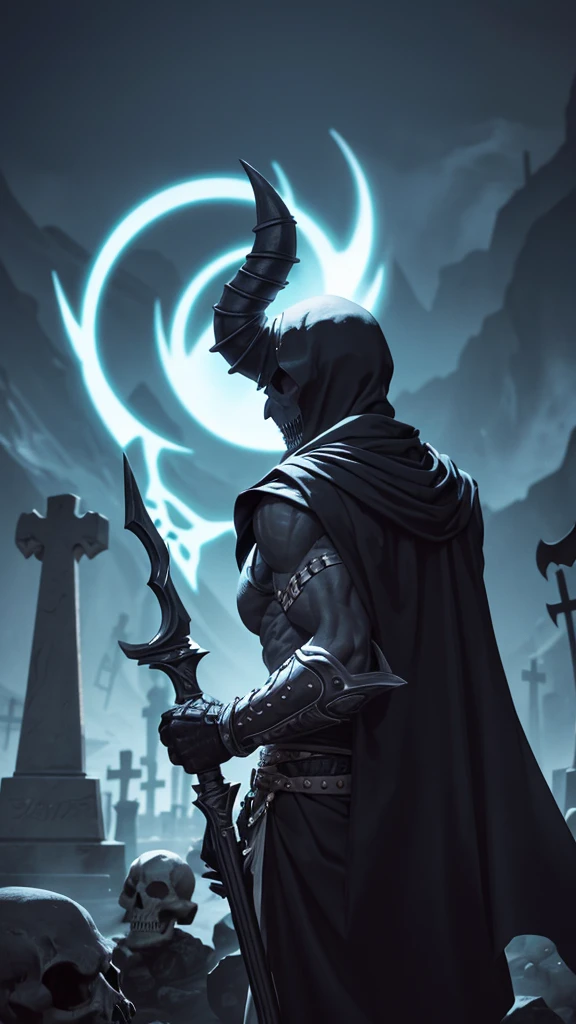 skullish, horn curved towards the back of the head, No eyes, black cloack, skeletor, apavorante, The background is a cemetery, com corpo inteiro de skeletor, serious face with a bone cane