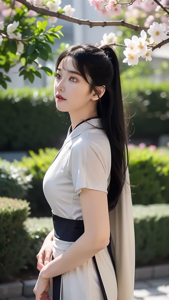 An elegant woman with straight hair wears a gorgeous long dress,The movements are light and elegant,Hanfu,(masterpaintings,Sideslit,delicate and pretty),masterpaintings,Realistic,Glowing eyes,Shiny hair,Shiny skin,bachelorhood,Exquisite,Beautiful,garden,blossoms,Fluttering petals