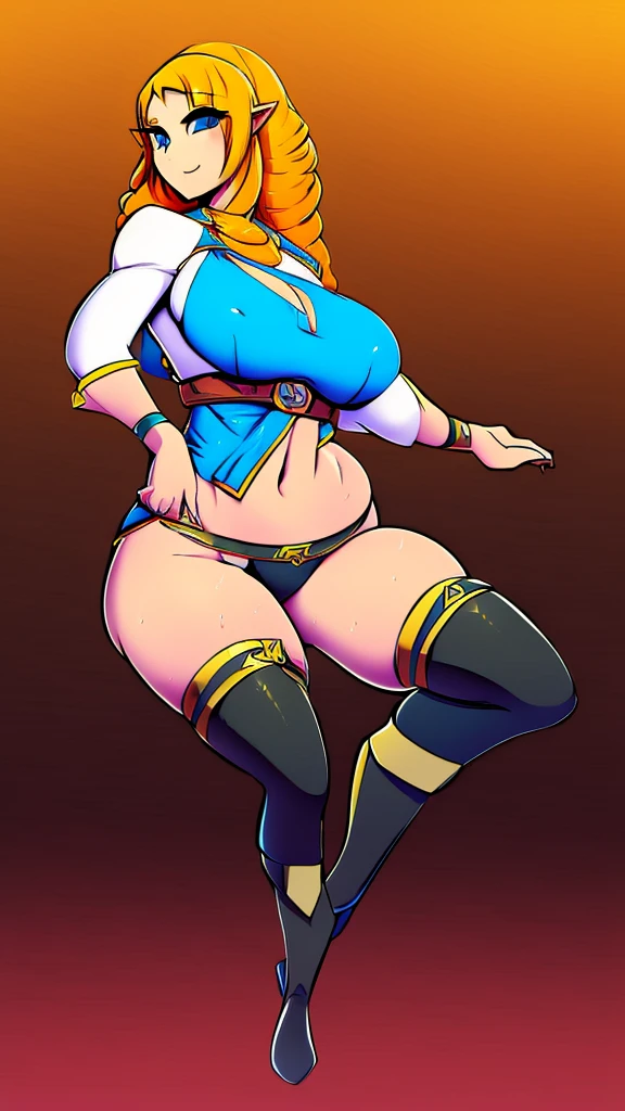 Sexy girl big breast cute cavalry long straight curly yellow hair her blue eye wears blue sleeveless top shows navel and long metallic black pants big thigh sexy brown boot