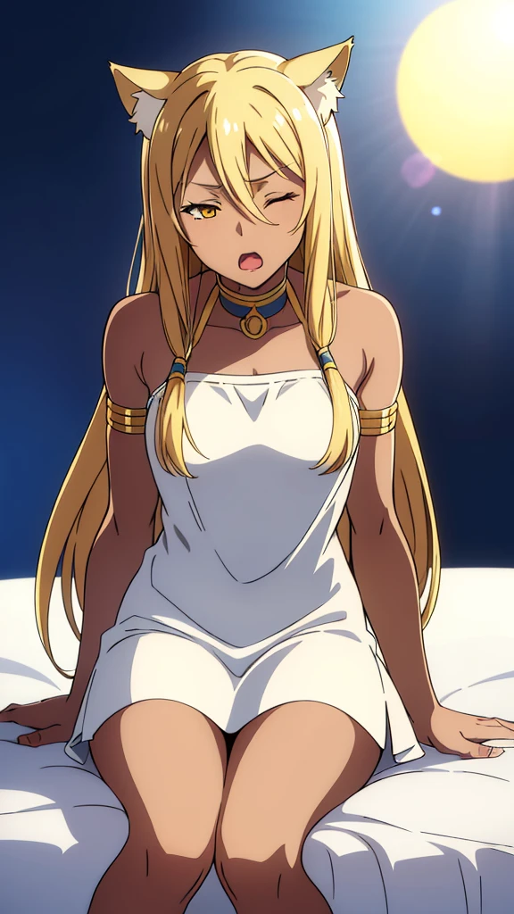 (1girl ,solo,20s,mature female),blonde hair,long hair,cat ears,yellow eyes,(((dark skin))),(Egypt, blue sky, sun),white oufit,bare shoulders,looking at view,sitting on bed, one eye closed, open mouth, yawning, sleepy, squeans
