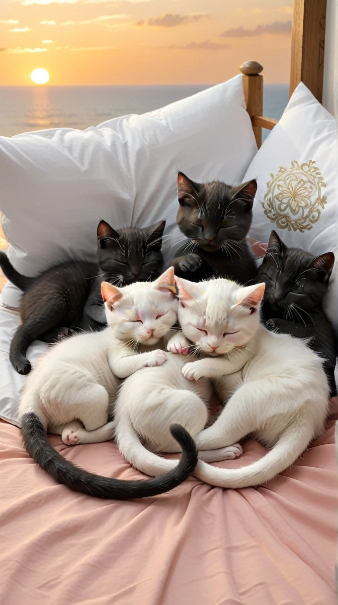 With the sunset in the background,(masterpiece:1.2, high quality), Five kittens sleeping together in bed、