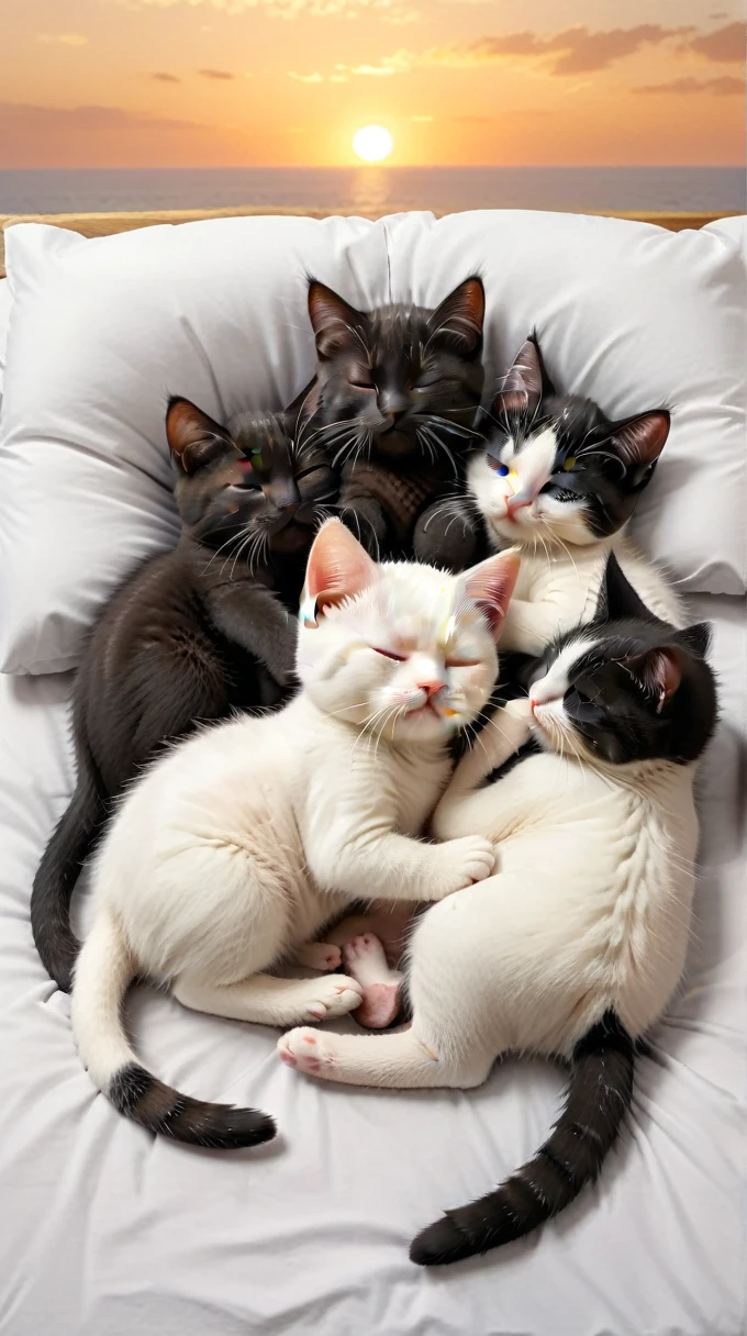 With the sunset in the background,(masterpiece:1.2, high quality), Five kittens sleeping together in bed、