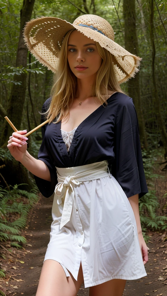 belle blonde portant une robe e (is in a forest taking a walk, she has a straw hat on her head), very detailed, 21 ans, visage innocent, natural wavy hair, blue eye, high resolution, head of'artwork, best quality, intricate details, very detailed, sharpness, detailed skin, realistic skin texture, texture, detailed eyes, Professionnel, 4K, charming smile, shot with Canon, 85mm, shallow depth of field, Kodak Vision Color, corps parfaitement ajusté, extremely detailed, Photo_\(ultra\), photorealistic, realistic, Post-traitement, maximum detail, roughness, real life, ultra realistic, photorealism, la photographie, 8k uh, la photographie
