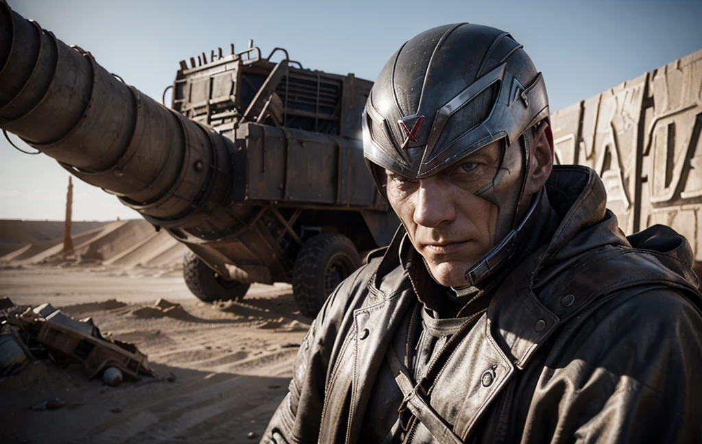 Magneto with his classic X Man outfit and helmet in realistic Madmax, well detailed in 8k