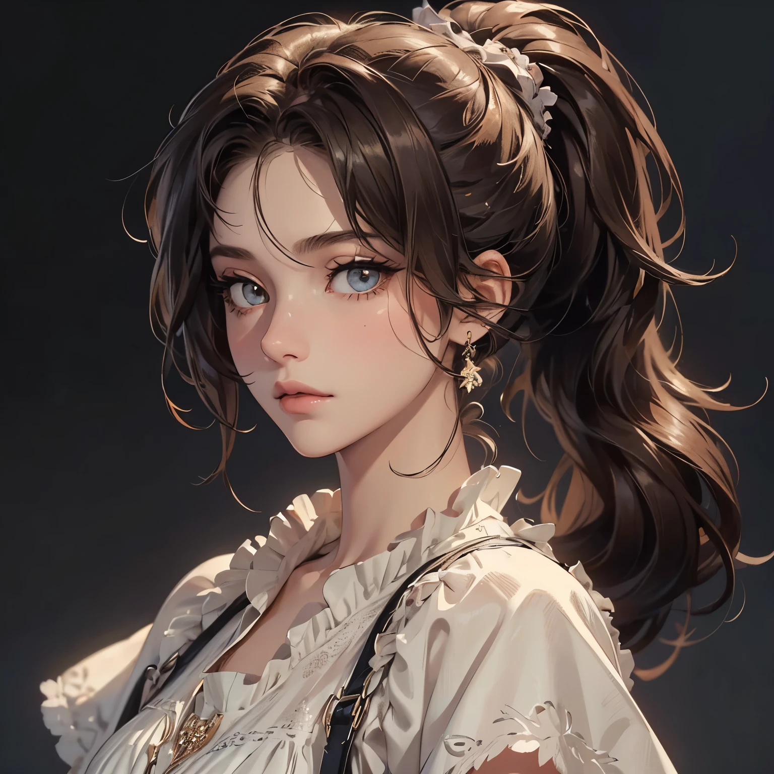 (masterpiece), (best quality), (ultra detailed),(disheveled hair),(illustration), (1girl), (Fashionable clothing), standing, Fashion model, looking at viewer, (interview), (simple background),beautiful detailed eyes, delicate beautiful face,(shining), focus on face, ponytail,
