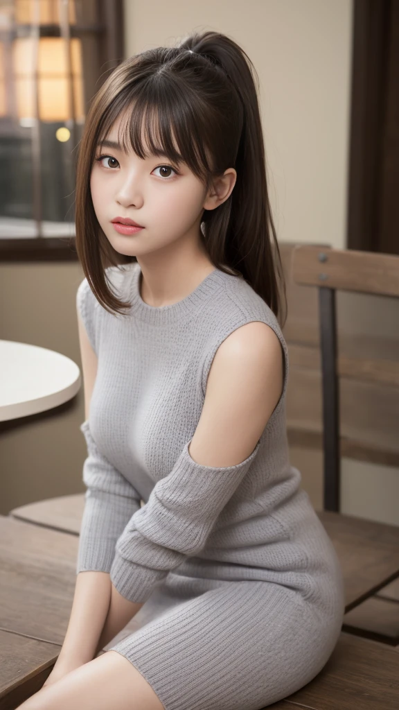 In detail, High resolution, high quality、Perfect dynamic composition, Beautiful attention to detail, Medium Hair, 、Natural color lip,Kamimehibuya、15 year old beautiful girl、1 person、Clear Skin、Shiny brown hair、Tabletop, 最high quality, figure, Super detailed, In detail, High resolution, 8K、The correct state of the human body、Randomly cute poses,ponytail,Beautiful feet,Perfect beautiful face,KPOP idol faces,Ecstatic face,Light grey knit dress,Virgin-killing knit dress,Dress up as a model for a women's fashion magazine