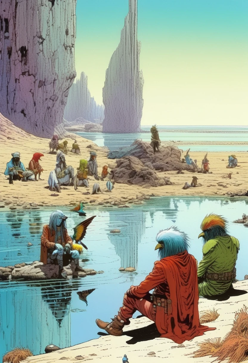 Mobis (Jean Giraud) Style - A picture by Jean Giraud Mobis, The picture shows a group of birdmen resting by the water., Huge white rib background，western backdrop in Mobis' signature style with sharp detailing and vibrant colors. Shot with Panavision Panaflex Gold II and Ultra Panavision 70 lenses, The image is full of film grain and low-key lighting，It creates a mysterious and tense atmosphere.