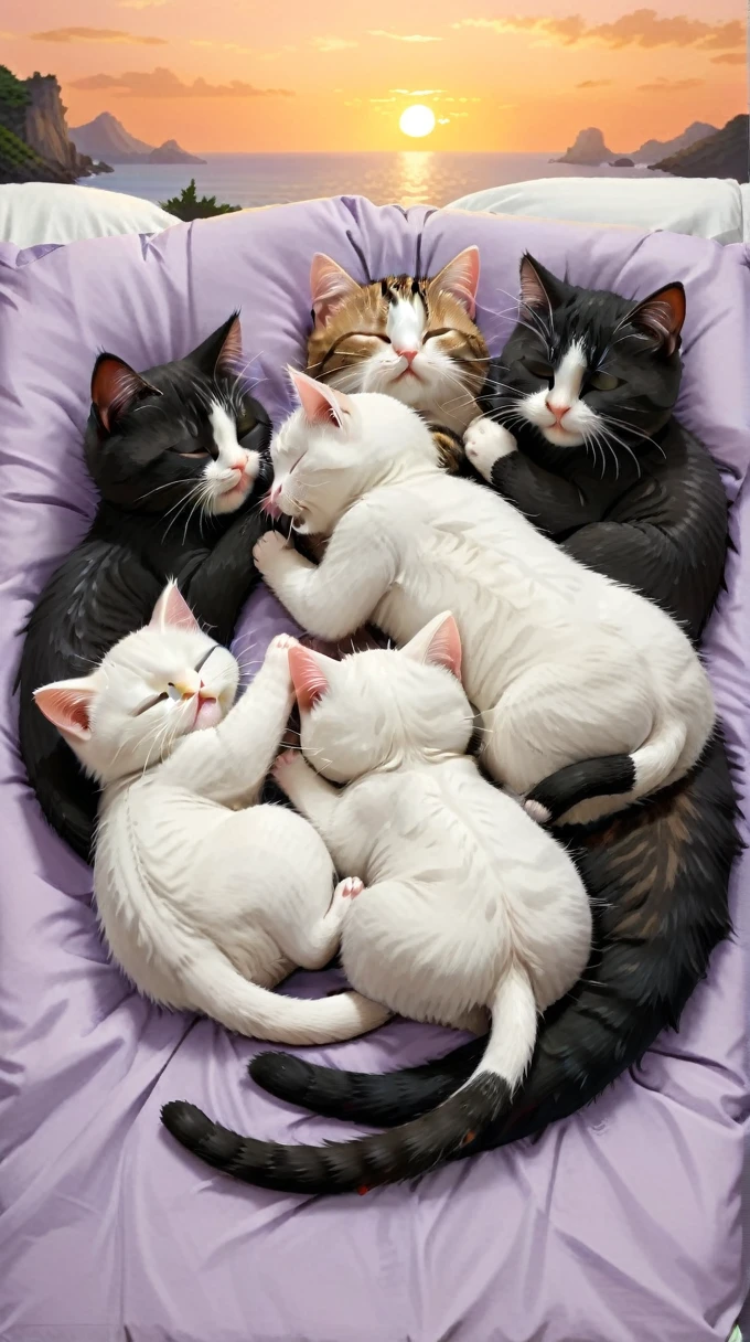 With the sunset in the background,(masterpiece:1.2, high quality), Five kittens sleeping together in bed、