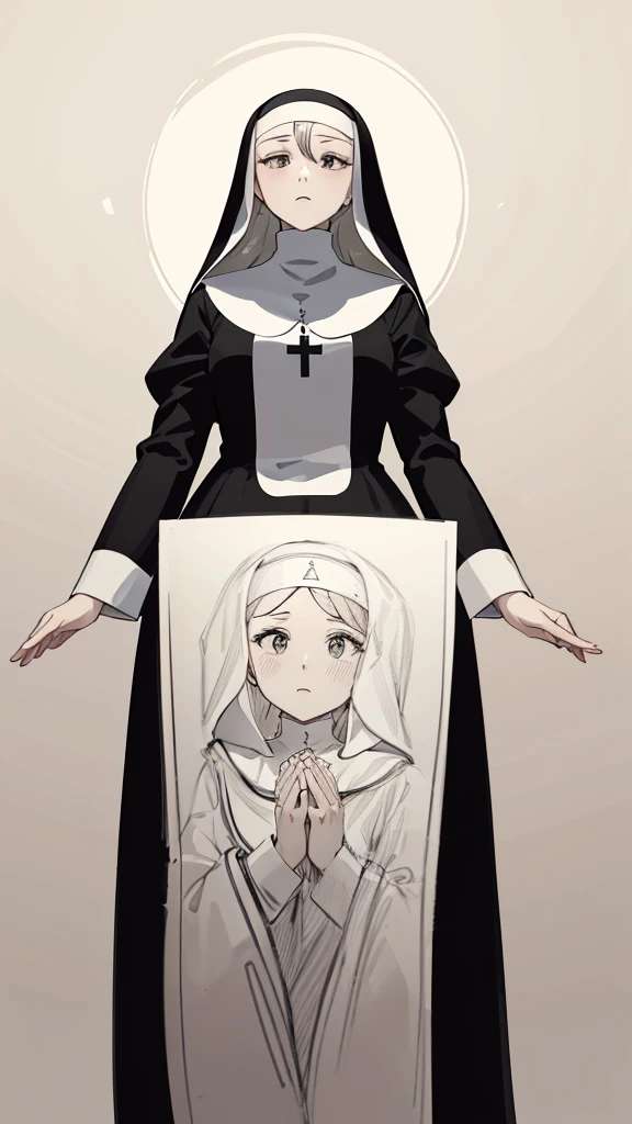 lineart, monochrome, a drawing of a nun with her hands folded in prayer, clean anime outlines, perfect lineart, clean lineart, extremely fine ink lineart, nun outfit, simple lineart, beautiful line art, anime style drawing, thick black lineart, black and white manga style, pin on anime