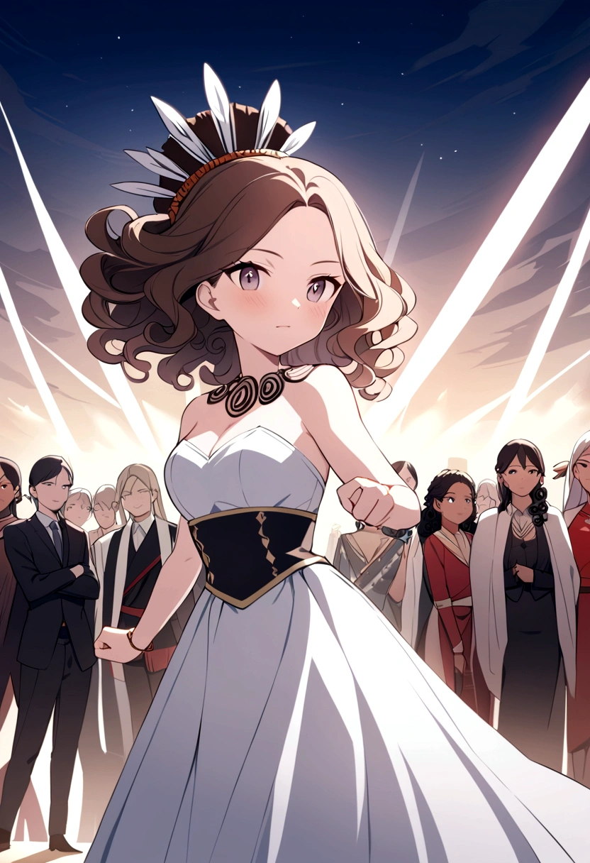 An anime drawing with great quality, a woman with curly hair, indigenous accessories, lots of charisma, Joy and determination. A woman who fights for justice and her rights. With elegant and formal attire