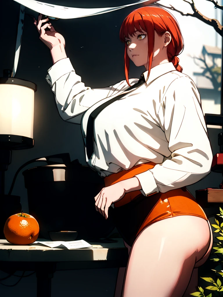 Le personnage Makima de la série animée Chainsaw Man, fragile, obésité morbide, ssbbw, pleine longueur (corps entier 1.1.), fond sombre, obscurité, anatomie correcte 1.1, anatomie correcte de la main, Très féminin, corps gras et rond, grosses Jambes, fesses, beau corps obèse, ventre rond et mou très gras, ventre énorme et gras visible, tres grosse, obésité, cheveux roux, Yeux oranges, Cercles rouges pour les écoliers, chemise blanche, jupe noire, cravate noire, pose sexy, réaliste, very détaillé, beau corps, détaillé body, détaillé hands, détaillé, vibrant, détaillé Face, Conception des personnages de Makima. very détaillé, détaillé body, détaillé hands, détaillé Face, Art animé, Hugh Détails, Visage très abattu, détaillé eyes, Illustration ultra fine, Meilleure ombre, détail fin, beautiful détaillé glow, beautiful détaillé, Extraordinairement beau, extremely détaillé, inexpressif, composition épique, Style animé. art animé, Style animé. Jupe noire, chemise blanche, cravatte, pose sexy