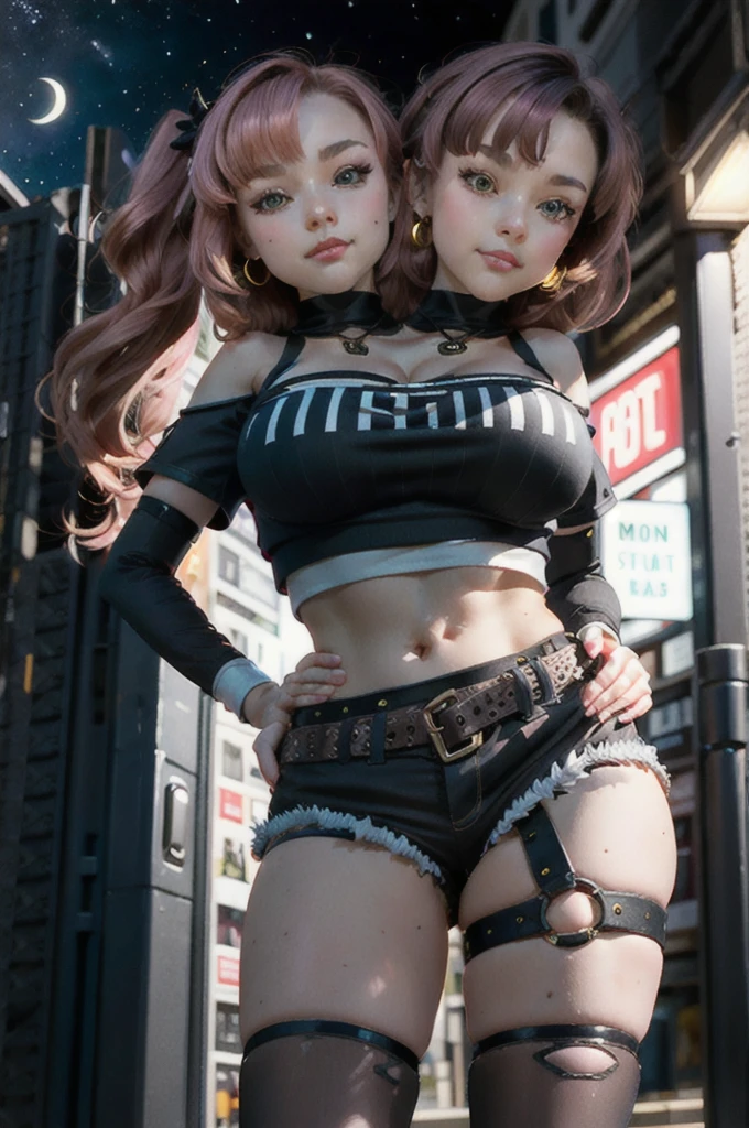 masterpiece, best quality, ultra-detailed, extremely detailed,illustration, 1girl, nicole demara, hair ribbon, hairclip, earrings, black collar, tube top, single thighhigh, short shorts, cropped jacket, belt, thigh strap, detached sleeves, doll, standing, hand on hip, cowboy shot, night street, moon, (2heads:1.1)