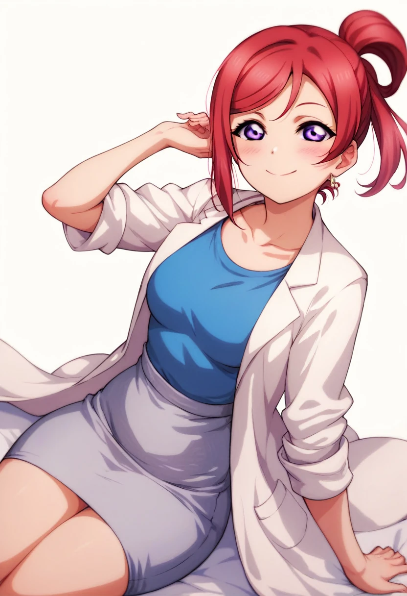 Maki nishikino,love live,highres,red hair , purple eyes,blush ,collarbone ,doctor , smile,infirmary ,lab coat ,pencil skirt , white background 