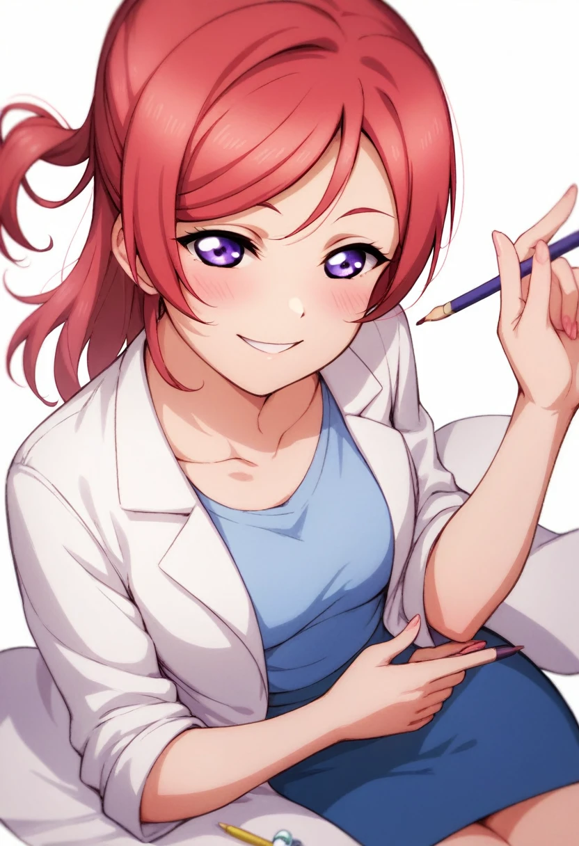 Maki nishikino,love live,highres,red hair , purple eyes,blush ,collarbone ,doctor , smile,infirmary ,lab coat ,pencil skirt , white background