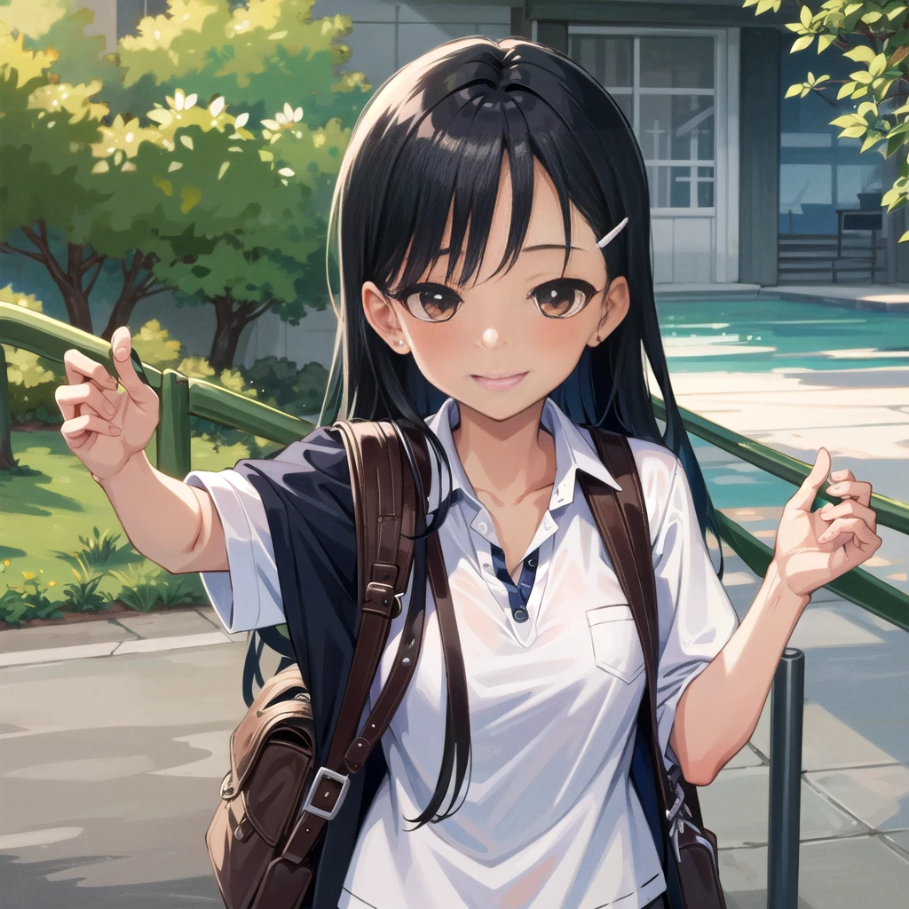((best quality)), ((masterpiece)), (details), one girl, sexy ((best quality)), ((masterpiece)), (details), one girl, sexy ((best quality)), ((masterpiece)), (details), one girl, full body, sexy expensive body, expensive, long legs, mature woman, mature, adult, it_nagatoro_main, Nagatoro Hayase, one girl, blushing, alone, uniform polo shirt, black hair, bag, brown eyes, hair accessory, looking at viewer, hair clip, outdoors, backpack, smiling, long hair, dark skinned woman, dark skin, , bangs, daytime, skirt, collared shirt, collarbone, ear clip, mouth closed, tree, asymmetrical bangs, upper body