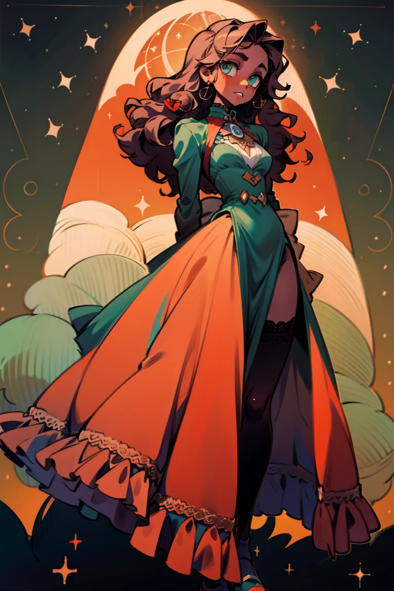 masterpiece, absurdres, 1girl, cowboyshot, tachi-e, mature woman, best aesthetics, medium breasts, wide hips, thick thighs, dark hair, narrow eyes, dark skin, ankle-length dress, arched nose, soft shading, very detailed face, clean lines, dynamic pose, anatomically correct, hyperdetailed, beautiful lighting, dark atmosphere, dark eyeshadow, good makeup, detailed hair, green eyes, sparkling eyes, telescope, magic, fantasy, medieval, high fantasy, black stockings, comfy, cozy, tareme, medium chest, SFW, long dress, arms behind back, outdoors, constellations in sky, stargazing, extremely curly hair, BC shape hair strand, closed wavy hair, ????? hair, african, adult woman, hourglass figure