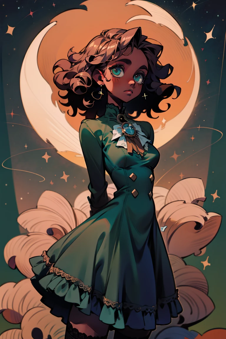masterpiece, absurdres, 1girl, cowboyshot, tachi-e, mature woman, best aesthetics, medium breasts, wide hips, thick thighs, dark hair, narrow eyes, dark skin, ankle-length dress, arched nose, soft shading, very detailed face, clean lines, dynamic pose, anatomically correct, hyperdetailed, beautiful lighting, dark atmosphere, dark eyeshadow, good makeup, detailed hair, green eyes, sparkling eyes, telescope, magic, fantasy, medieval, high fantasy, black stockings, comfy, cozy, tareme, medium chest, SFW, long dress, arms behind back, outdoors, constellations in sky, stargazing, extremely curly hair, BC shape hair strand, closed wavy hair, kinky hair, african, adult woman, hourglass figure