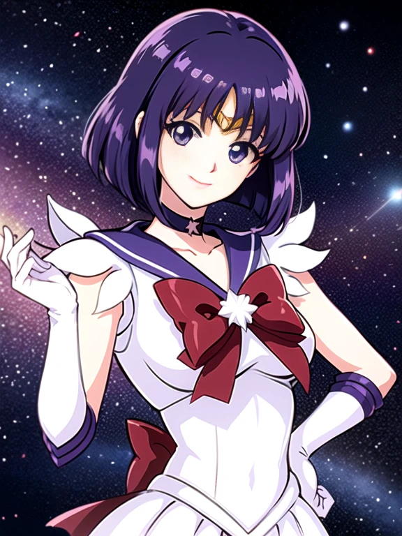 HotaruTomoe, (sailor Saturn , purple hair, short hair, elbow gloves, neck ribbon, bangs, bob hair, circlet) night background with stars, smile.