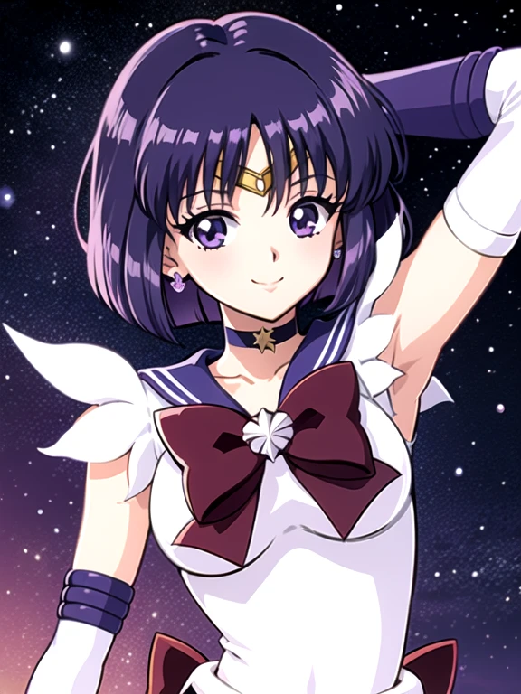 HotaruTomoe, (sailor Saturn , purple hair, short hair, elbow gloves, neck ribbon, bangs, bob hair, circlet) night background with stars, smile. 