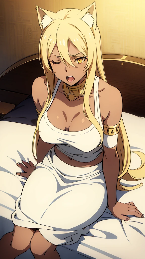 (1girl ,solo,20s,mature female),blonde hair,long hair,cat ears,yellow eyes,(((dark skin))),(Egypt),white oufit,bare shoulders,looking at view,sitting on bed, one eye closed, open mouth, yawning, sleepy, squeans
