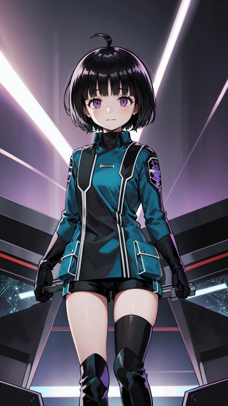 One Girl, alone, amateur_chika, short hair, Black Hair, Blunt bangs, Bobcut, Ahoge, Purple eyes, Long sleeve, Blue jacket, uniform, Black Shirt, turtleneck, Symbolism, Short black shorts, Black boots, carry a long rifle, Cowboy Shot、Thighs、Black thigh-high boots、（（（Black high heels）））whole body, face, high quality, masterpiece, 超High resolution, high quality, Attention to detail, 最high quality, High resolution