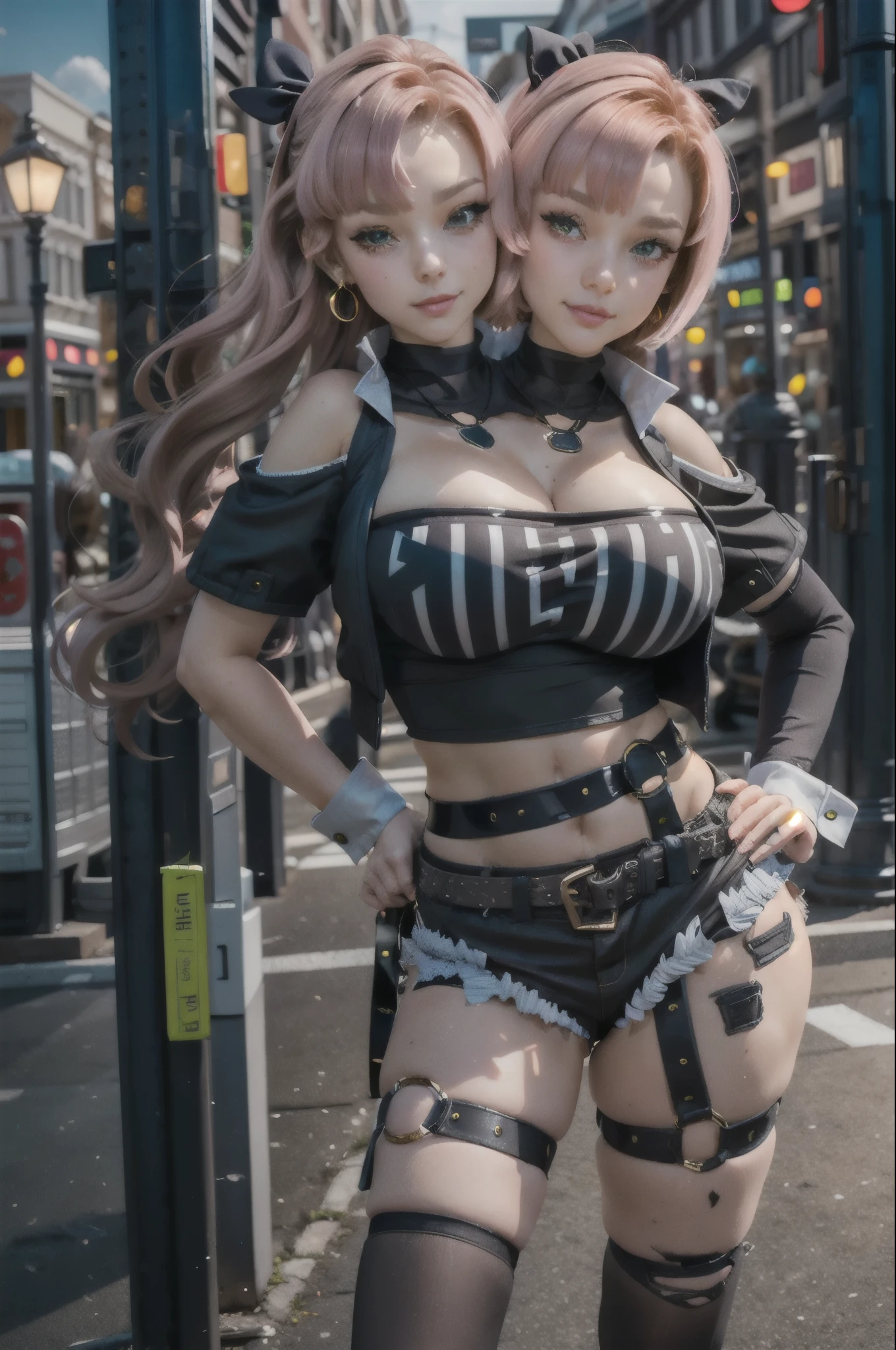 masterpiece, best quality, ultra-detailed, extremely detailed,illustration, 1girl, nicole demara, hair ribbon, hairclip, earrings, black collar, tube top, single thighhigh, short shorts, cropped jacket, belt, thigh strap, detached sleeves, doll, standing, hand on hip, cowboy shot, night street, moon, (2heads:1.1)