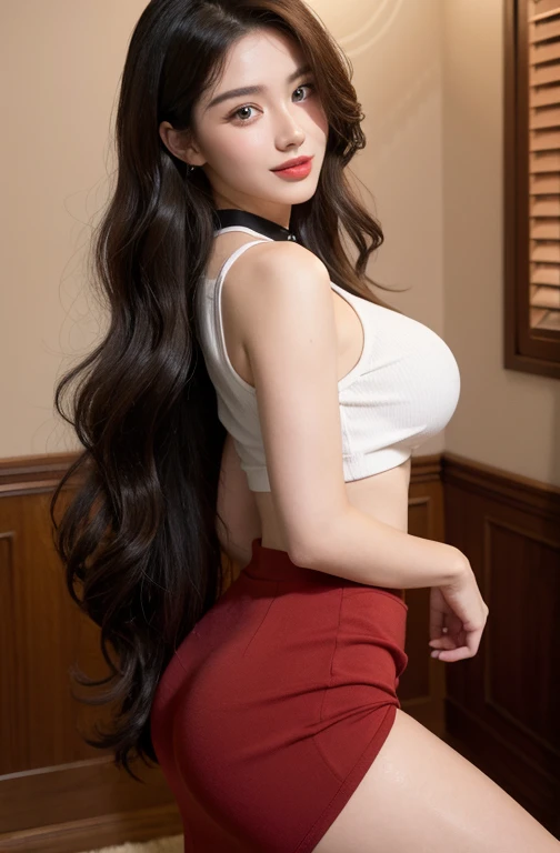 masterpiece, best quality, best lighting, shadows, portrait, perfect anatomy, 1 girl, adult anime girl, 21 years old, allure, erotic, mature features, pretty face, pretty lips, pretty eyes, white wavy hair, red eyes, seductive eyes, blushing, flirty, pretty smile, huge ass, breast, thighs, seductive, spicy, hot, flirty, crop top, tiny skirt, nsfw,