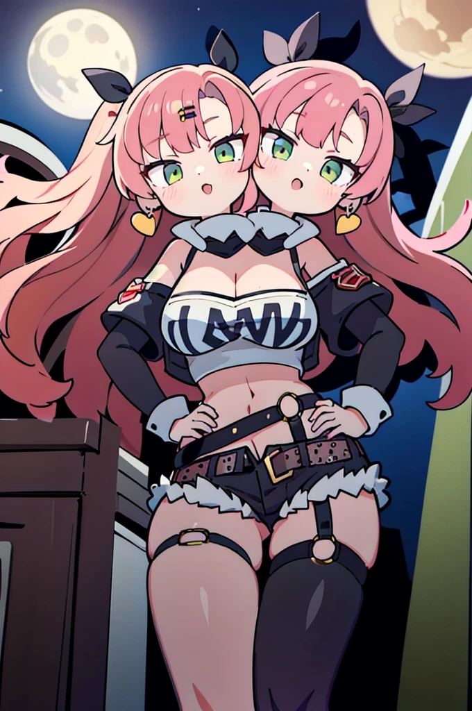 masterpiece, best quality, ultra-detailed, extremely detailed,illustration, 1girl, nicole demara, hair ribbon, hairclip, earrings, black collar, tube top, single thighhigh, short shorts, cropped jacket, belt, thigh strap, detached sleeves, doll, standing, hand on hip, cowboy shot, night street, moon, (2heads:1.1)