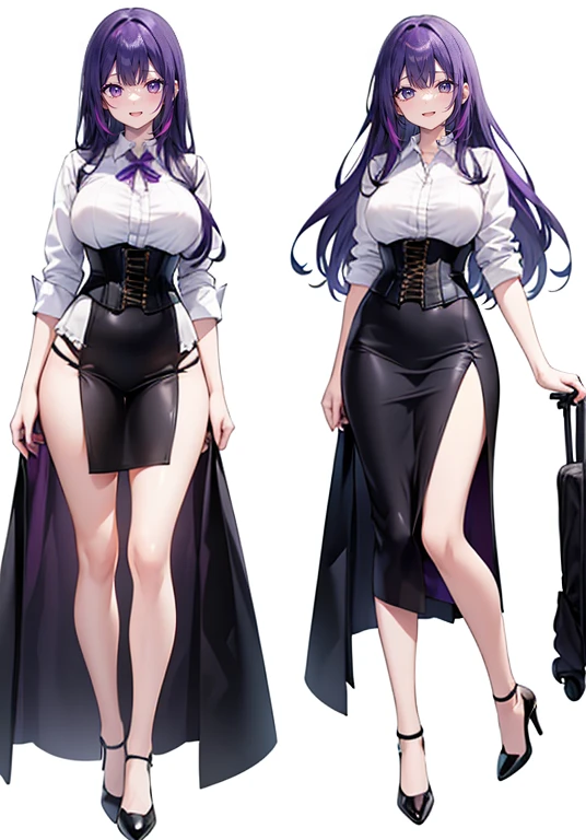 Purple hair,long hair,Adult female,suit,((White shirt)),((Rolling up your sleeves shirt)),(corset),(skirt),(slit),High heels,((Simple White background)),Smile,((Full body)),((whole body)),(((upright)))
