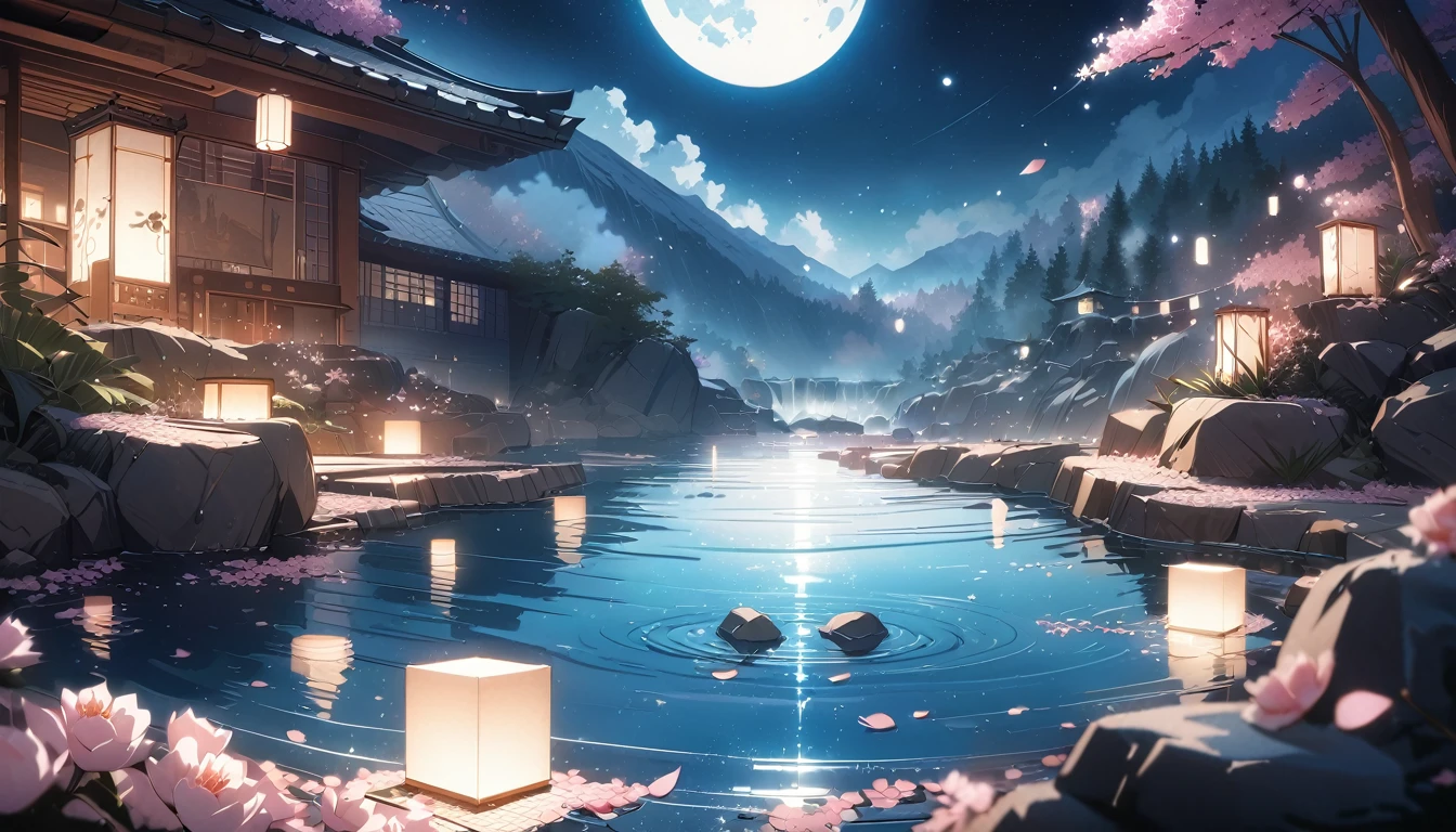 beautiful lips, cinematic, (work of art), (best qualityer), (ultra detali), very aesthetic, illustration, perfect composition, intricate details, absurderes, face detailed, (アニメ, work of art, intricate:1.3), (best qualityer, hire textures, high détail:1.2), (4K),(incredibily detailed:1.4) 《work of art》, 《best qualityer》, 《ultra detali》, hot spring, mist, stones, Cherry blossoms, glittery mist, moonlights, sky, lots of stars in the sky, water reflections of the night sky, floating lanterns above the water, flower petals in water, moon in the sky, Estilo de arte アニメ, worldofmist,