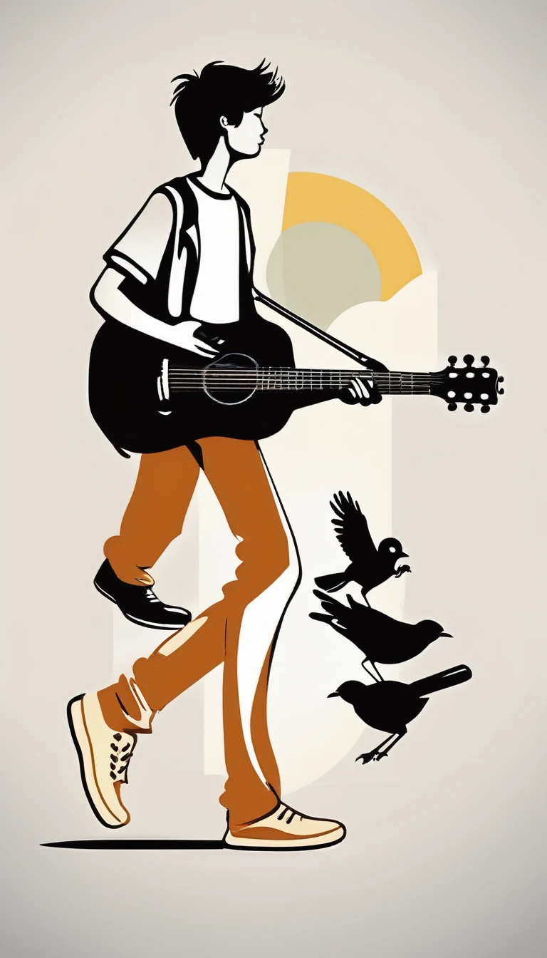 
Logo design of a boy walking with a guitar and a bird on his shoulder, conceptual art, musician, singer - songwriter, the guitar player, singer songwriter, carrying a guitar, detailed silhouette, guitarist, a human bard, poster illustration, simple and clean illustration, in style of digital illustration. Modern logo design impressed on a white book cover and a white t-shirt.