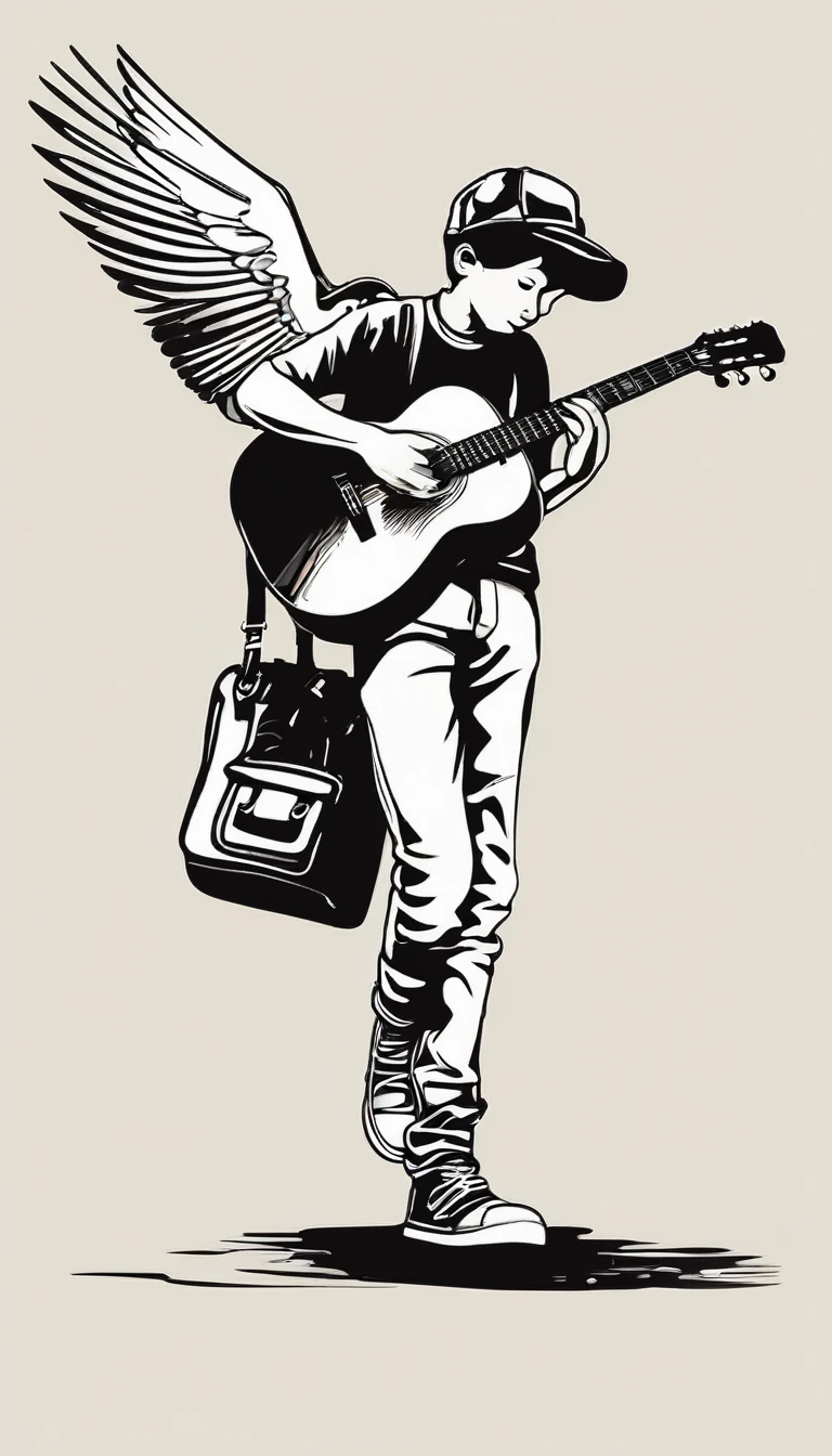 
Logo design of a boy walking with a guitar and a bird on his shoulder, conceptual art, musician, singer - songwriter, the guitar player, singer songwriter, carrying a guitar, detailed silhouette, guitarist, a human bard, poster illustration, simple and clean illustration, in style of digital illustration. Modern logo design impressed on a white book cover and a white t-shirt.