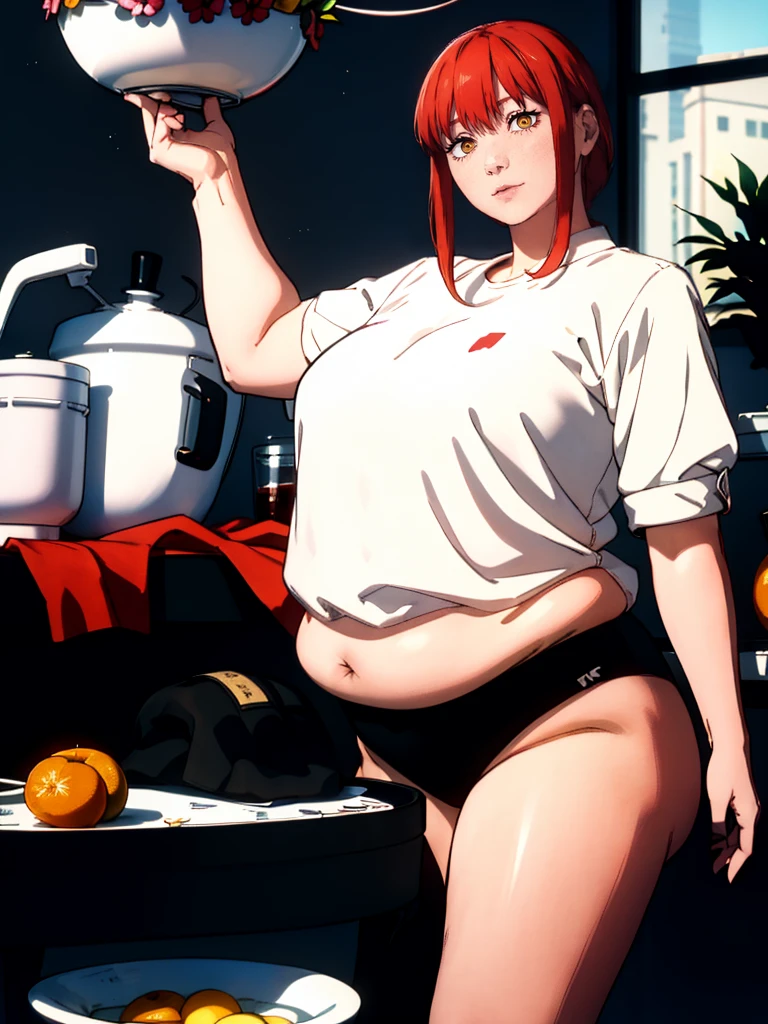 Le personnage Makima de la série animée Chainsaw Man, fragile, obésité morbide, ssbbw, pleine longueur (corps entier 1.1.), fond sombre, obscurité, anatomie correcte 1.1, anatomie correcte de la main, Très féminin, corps gras et rond, grosses Jambes, fesses, beau corps obèse, ventre rond et mou très gras visible, ventre énorme et gras, tres grosse, obésité, cheveux roux, Yeux oranges, Cercles rouges pour les écoliers, chemise blanche, jupe noire, cravate noire, pose sexy, réaliste, very détaillé, beau corps, détaillé body, détaillé hands, détaillé, vibrant, détaillé Face, Conception des personnages de Makima. very détaillé, détaillé body, détaillé hands, détaillé Face, Art animé, Hugh Détails, Visage très abattu, détaillé eyes, Illustration ultra fine, Meilleure ombre, détail fin, beautiful détaillé glow, beautiful détaillé, Extraordinairement beau, extremely détaillé, inexpressif, composition épique, Style animé. art animé, Style animé. Jupe noire, chemise blanche, cravatte, pose sexy