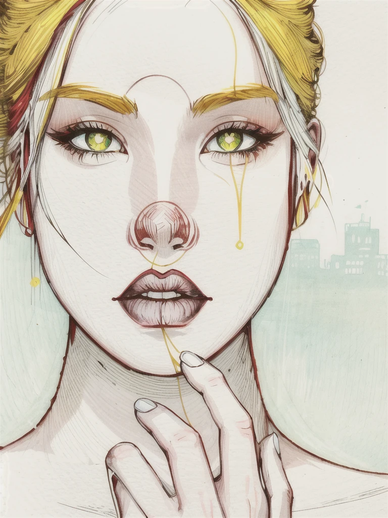 work of art, best qualityer, 1 girl, Red lips, standing alone, bomber jacket, greeneyes, green and yellow bodysuit, curly hair, multicoloRed hair, White hair, Red hair, red hair, two tone hair,shade , Ladino two X-men, Anna Lebeau, bangss, side lighting, thin skin, portraite, Super heroi,Best illustration, city background,