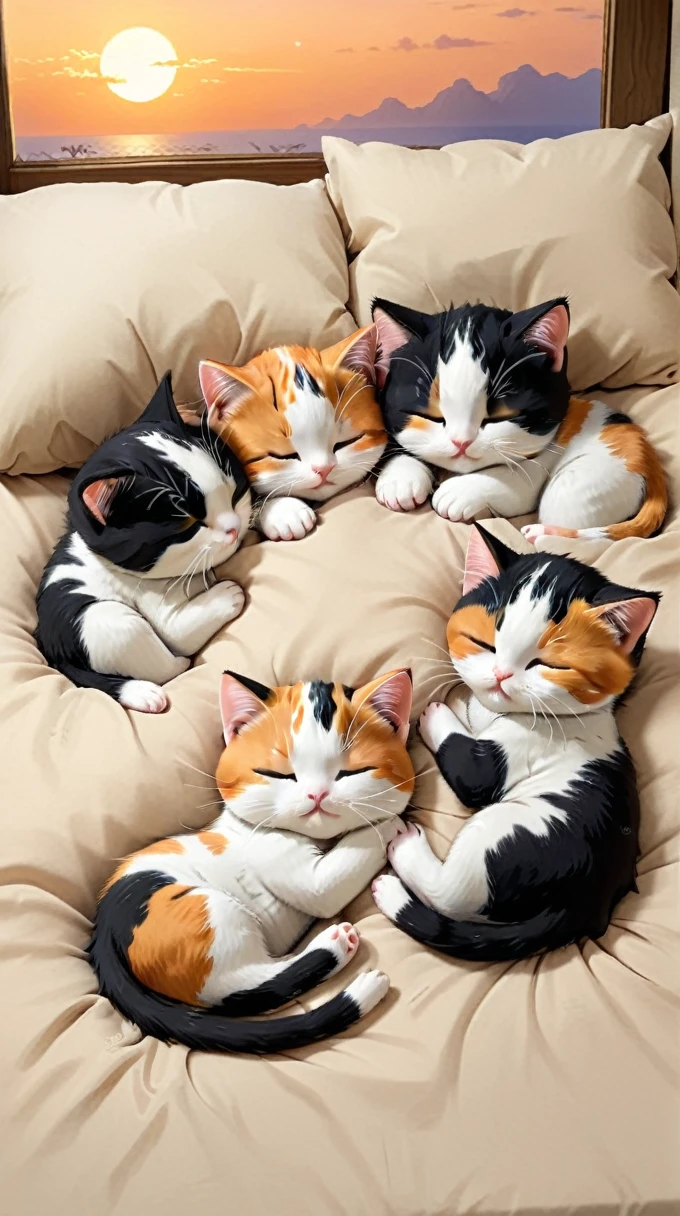 With the sunset in the background,(masterpiece:1.2, high quality), Five calico kittens sleeping together in bed、