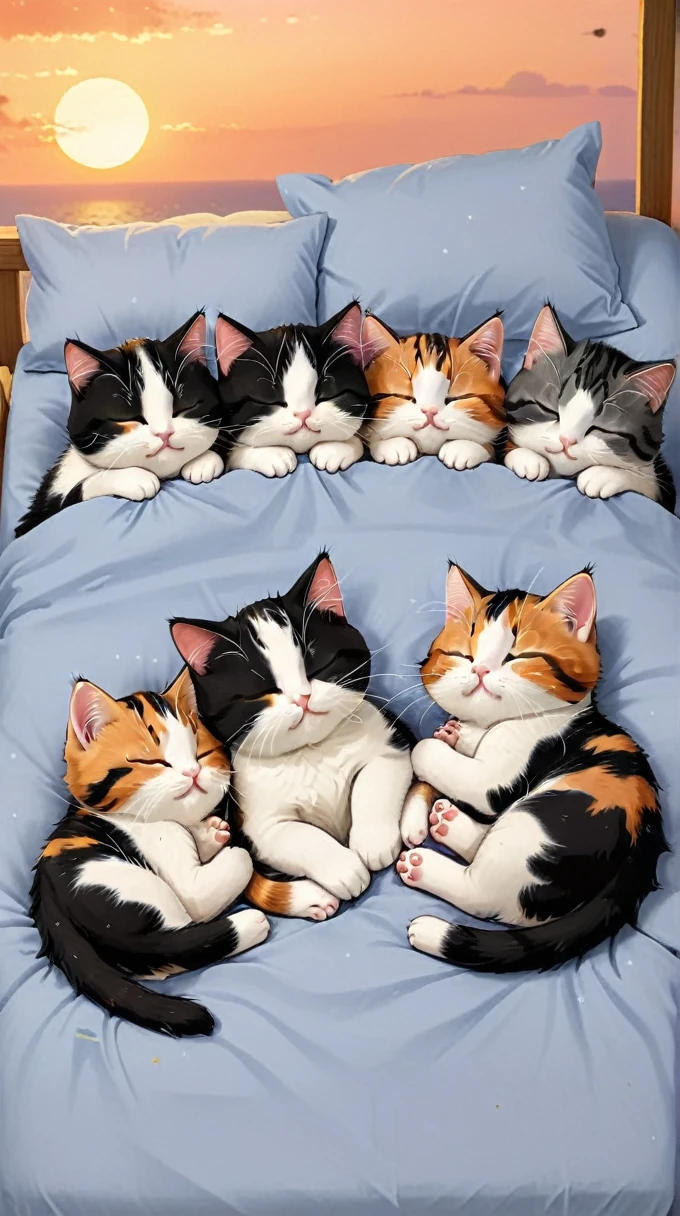 With the sunset in the background,(masterpiece:1.2, high quality), Five calico kittens sleeping together in bed、