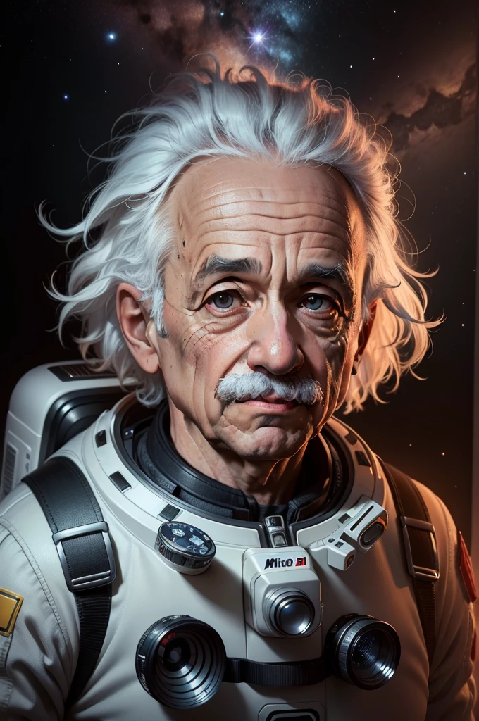 obra-prima, Foto DSLR, analogue style, nikon d5 | | |, Foto real, uma foto (average photo:1.3) Albert Einstein wearing a spacesuit in space, lighting dramatic (85 millimeters), (detailedfacialfeatures), (olhos brilhantes detalhados), dinamic angle, Tom Hanks, Estilo Ilya Kuvshinov