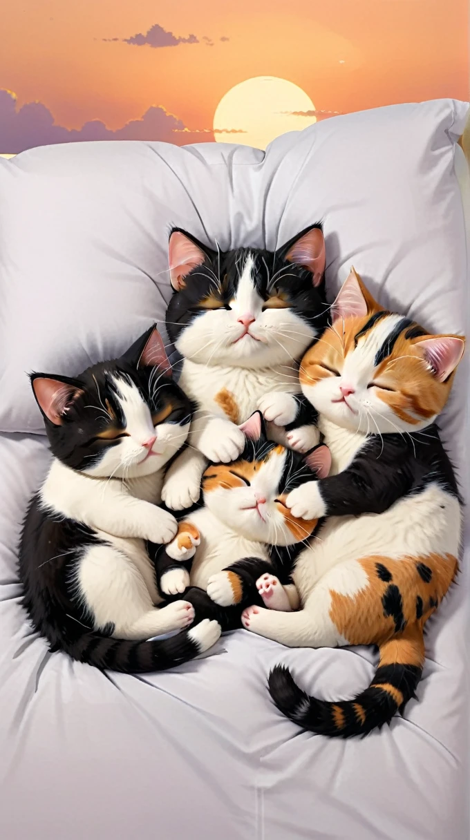 With the sunset in the background,(masterpiece:1.2, high quality), Five calico kittens sleeping together in bed、