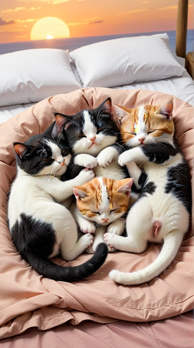 With the sunset in the background,(masterpiece:1.2, high quality), Five calico kittens sleeping together in bed、