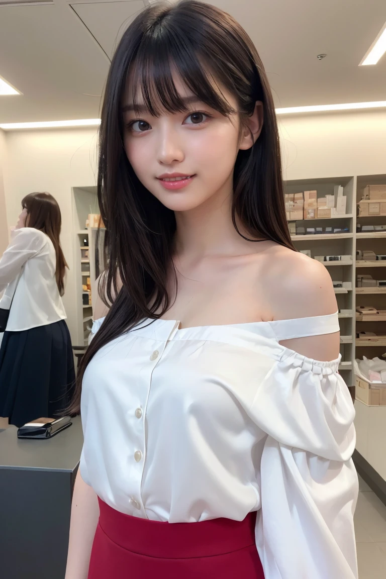 (masterpiece:1.3), High resolution, Super detailed, Highly detailed CG Unity 8k wallpaper, Realistic, photo-Realistic, RAW Photos, Beautifully detailed face, Pale skin, Realistic glistening skin, Detailed cloth texture, Detailed hair texture, Perfect body, Beautiful Face, Accurate, Anatomically correct, Highly detailed face and skin texture, Natural neck length, (Beautiful Hands), (Fair skin:1.2), Thin legs, Thin legs, Good teeth alignment, break, Fine grain, Symmetrical eyes, Light brown eyes, double eyelid, Thin eyebrows, (Glossy Lips:1.4), ((A very provocative smile:1.2)), (blush:1.1), break, (Classy and cute girl:1.3), (Wearing an elegant one-shoulder white silk blouse:1.2), (Red long circular skirt:1.2), Close button, Medium chest, (Slim figure:1.1), Toned Abs, Beautiful clavicle, (Dark blonde hair, Wavy Hair:1.1), ((Long Hair:1.2)), ((Asymmetrical bangs:1.2)), ((Small bag to carry on the shoulder:1.2)), break, ((Choose the right clothes for you:1.3)), (Colorful clothes are lined up inside the Uniqlo store.), (Upper Body Shot:1.2), From the side,