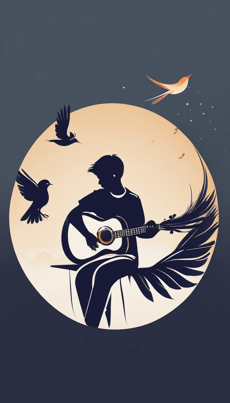 Minimalistic, modern Logo design of a boy playing acoustic guitar with a feather and a bird. The logo must convey a sense of storytelling and dreams. Cinematic logo design