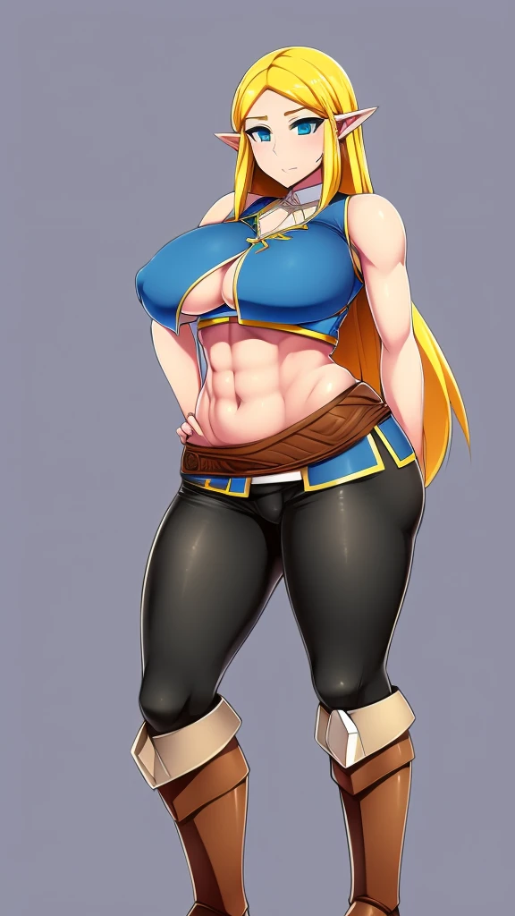 Sexy girl big breast cute cavalry long straight curly yellow hair her blue eye wears blue sleeveless top shows navel and long metallic black pants big thigh sexy brown boot 