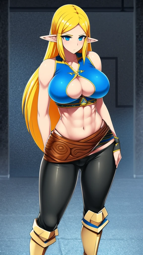 Sexy girl big breast cute cavalry long straight curly yellow hair her blue eye wears blue sleeveless top shows navel and long metallic black pants big thigh sexy brown boot 